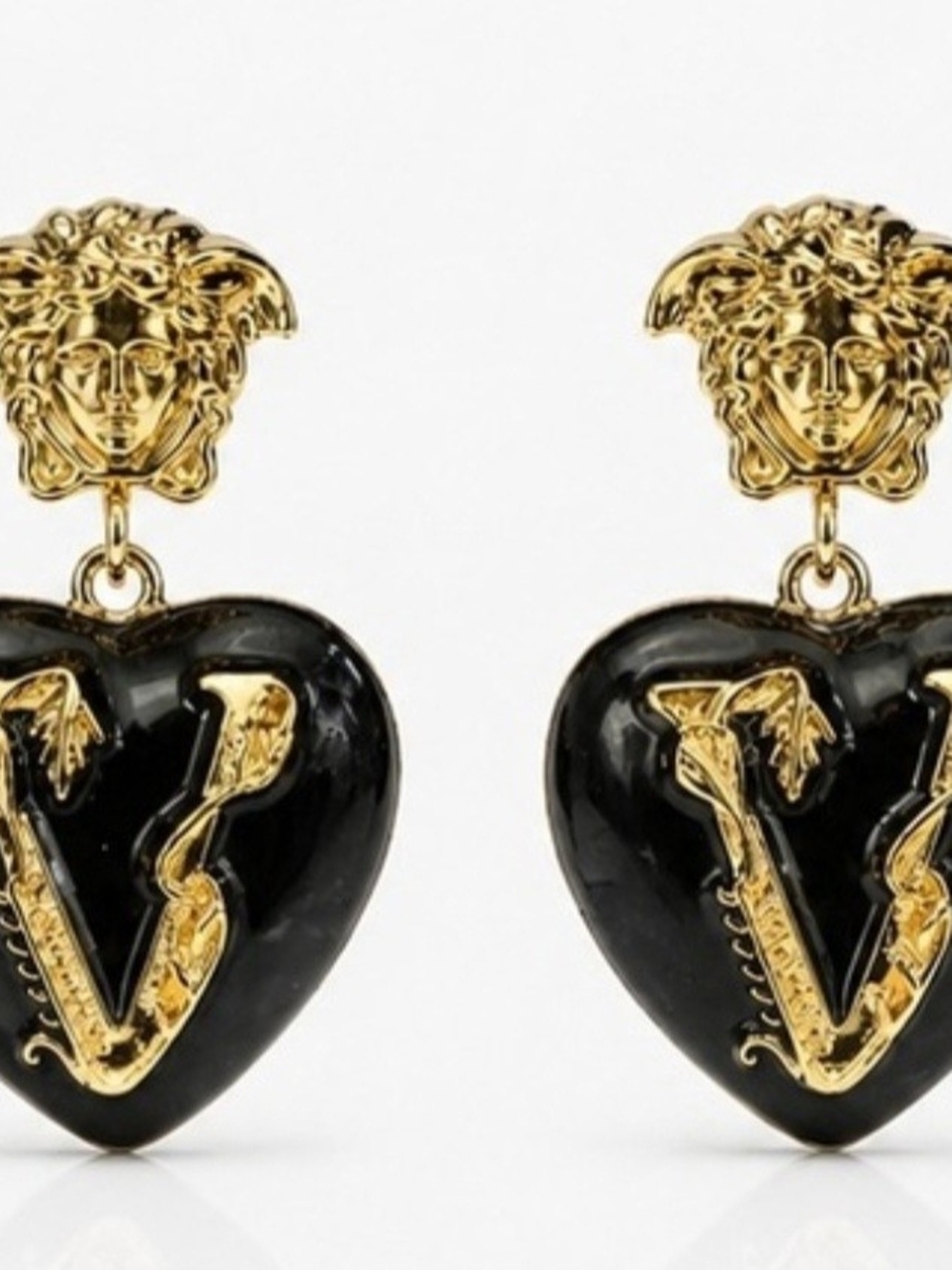V Gold W Medusa with Black Heart Enemal Drop Earrings
